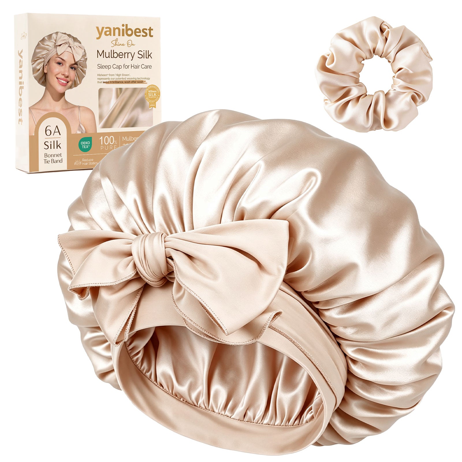 22 MOMME Mulberry Silk Bonnet with Tie Band - Champagne