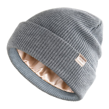 Butter Satin Lined Knit Skull Beanie - Medium Grey