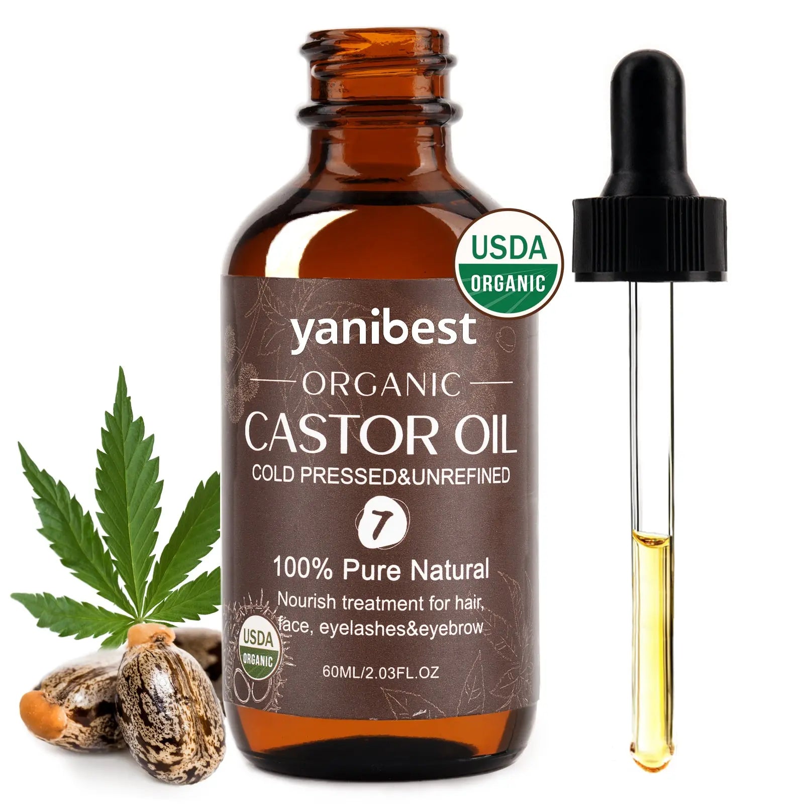 YANIBEST 100% Pure Natural Organic Castor Oil, USDA Organic Certified Cold Pressed & Unrefined, Nourishing Treatment for Hair, Face, Eyelashes & Eyebrows, 60ml