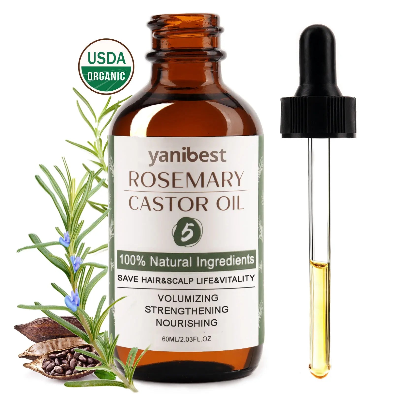 YANIBEST Organic Rosemary Castor Oil for Hair Growth, 60ml/2.03fl.oz, USDA Organic Certified Hair Strengthening & Nourishing Serum