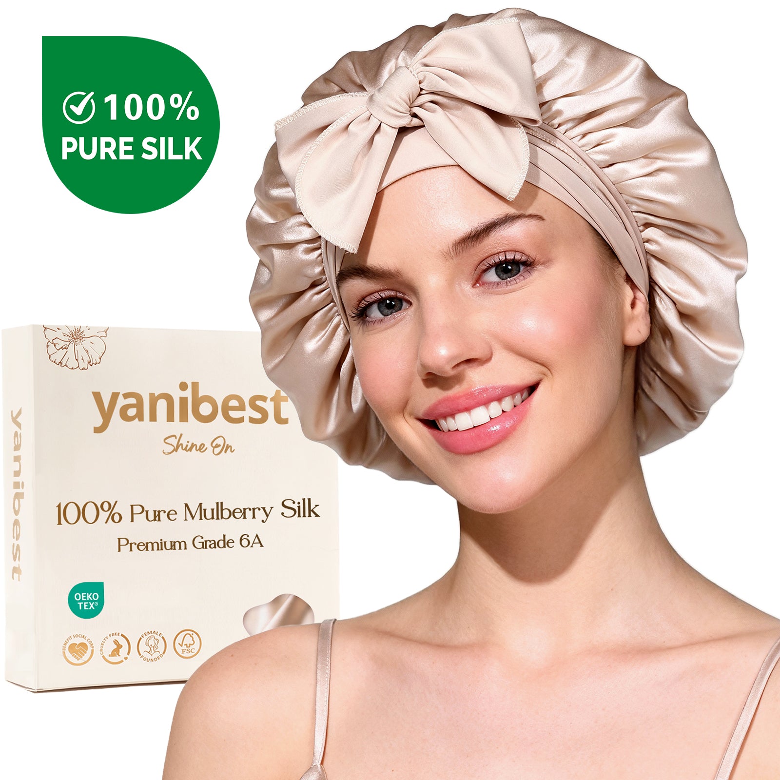 6A Mulberry Silk Bonnet with Tie Band - Champagne