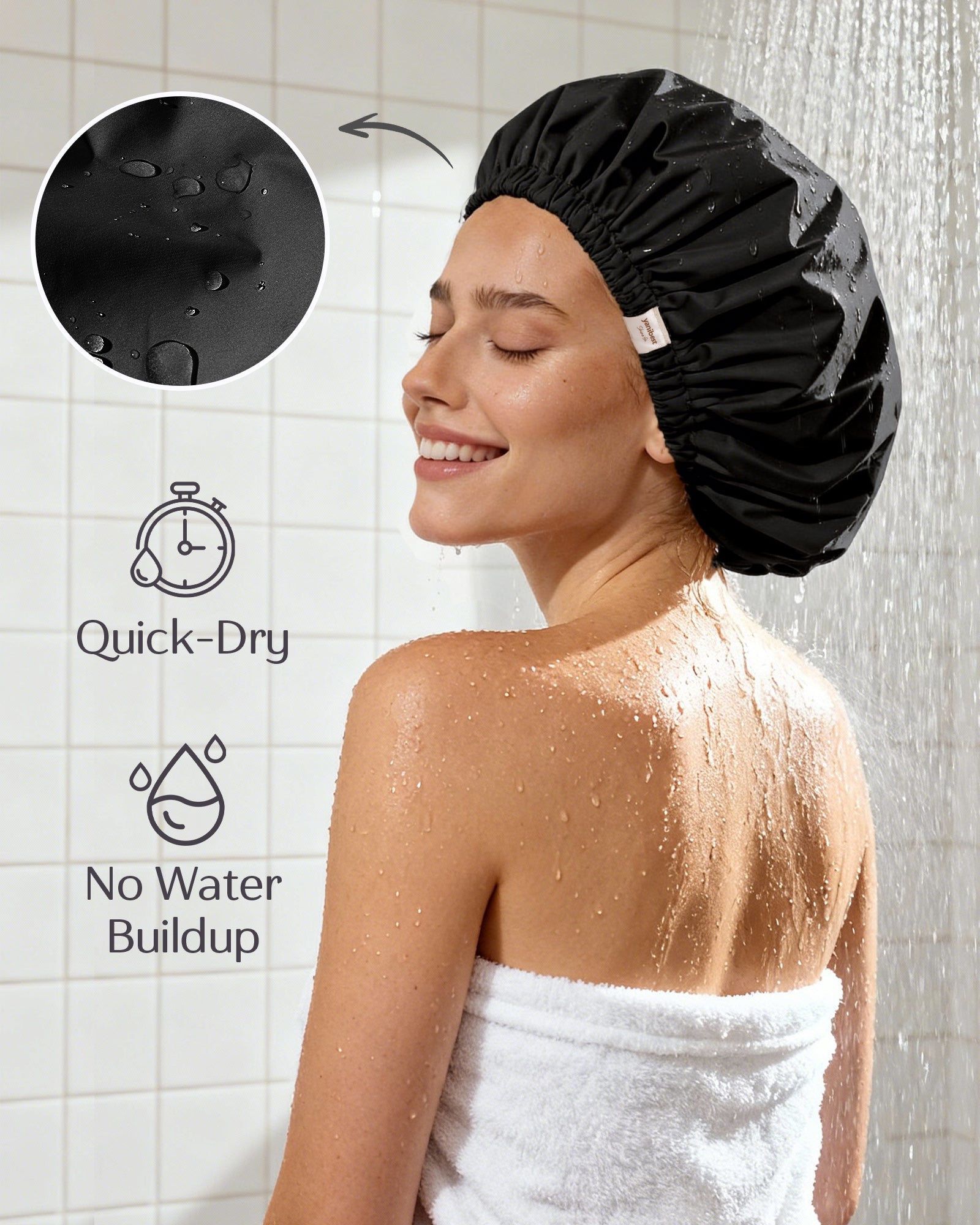 Butter Satin Lined Waterproof Shower Cap - Black