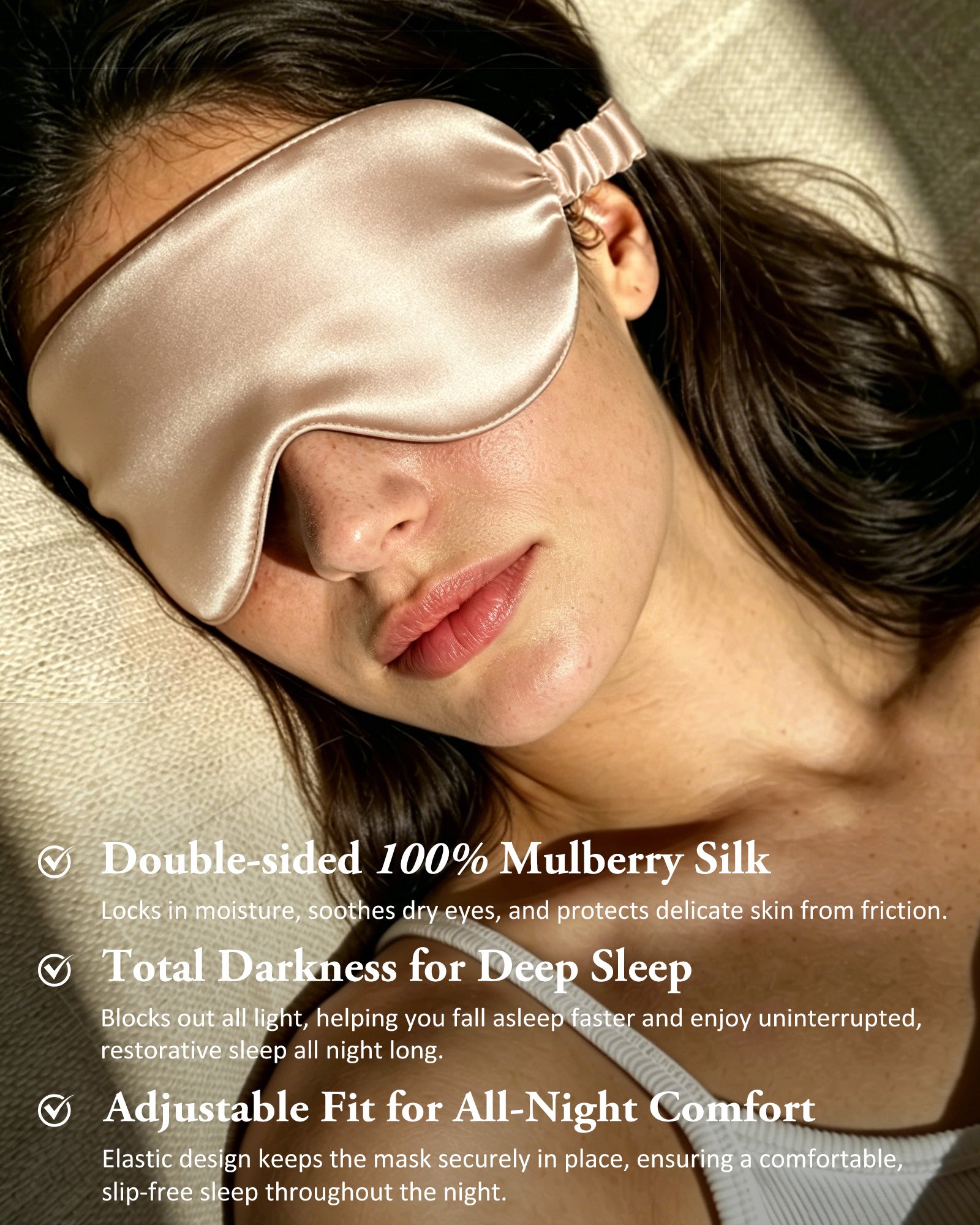 YANIBEST Champagne Double-sided Silk Sleep Mask on Female Model, Lash-Friendly 3D Design to Prevent Pressure on Eyes, Total Darkness for Deep Restful Sleep
