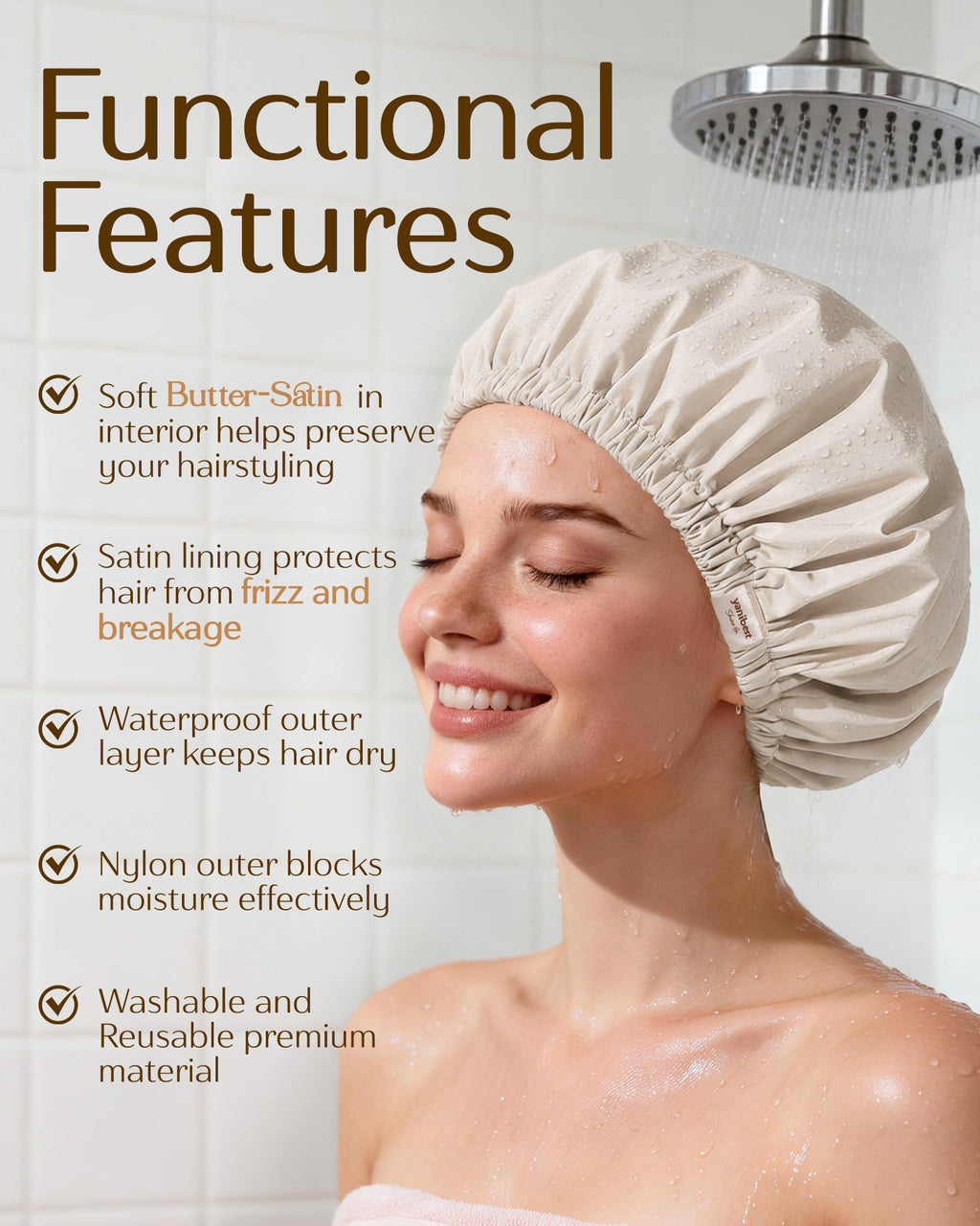 Butter Satin Lined Waterproof Shower Cap - Cream