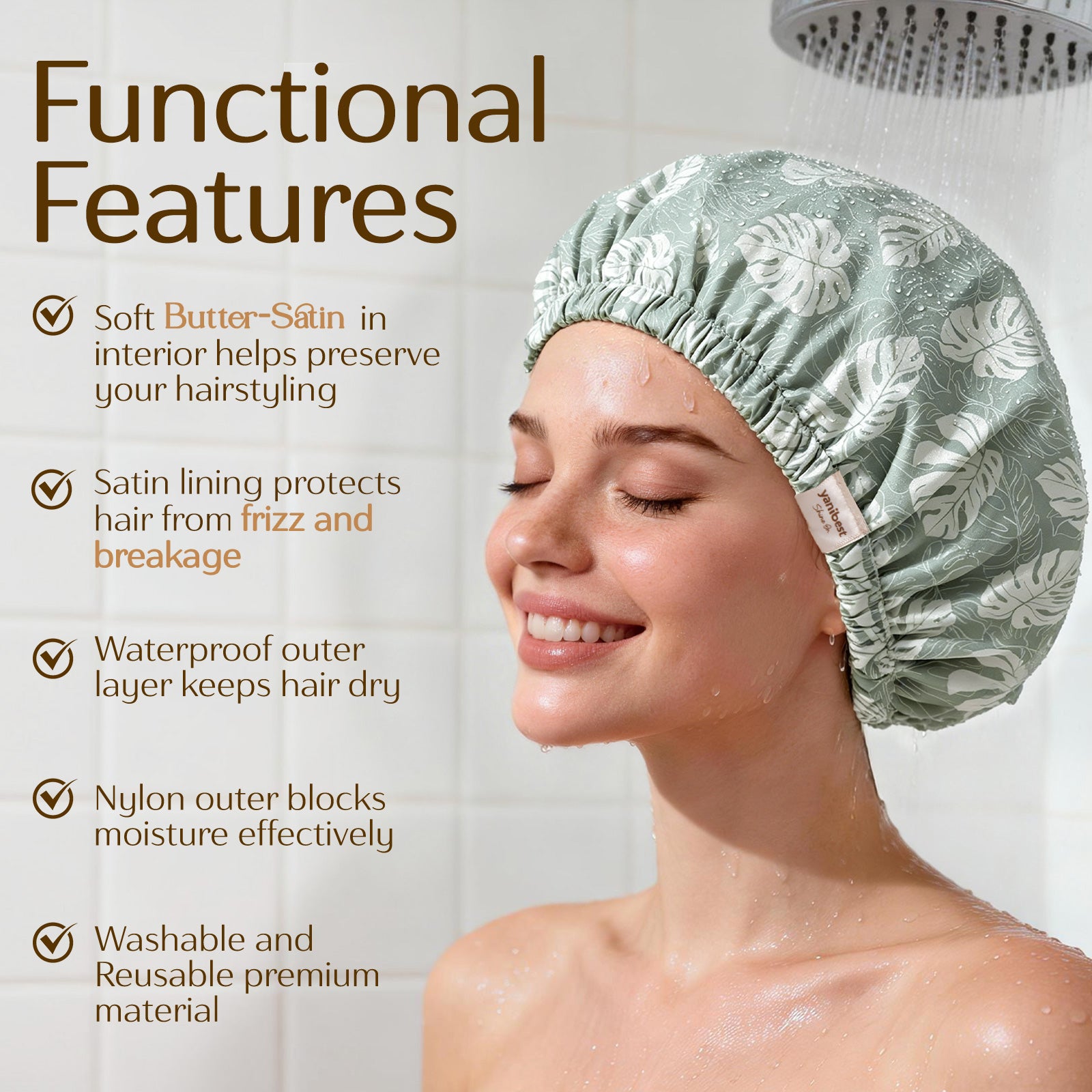 Butter Satin Lined Waterproof Shower Cap - Fresh Green