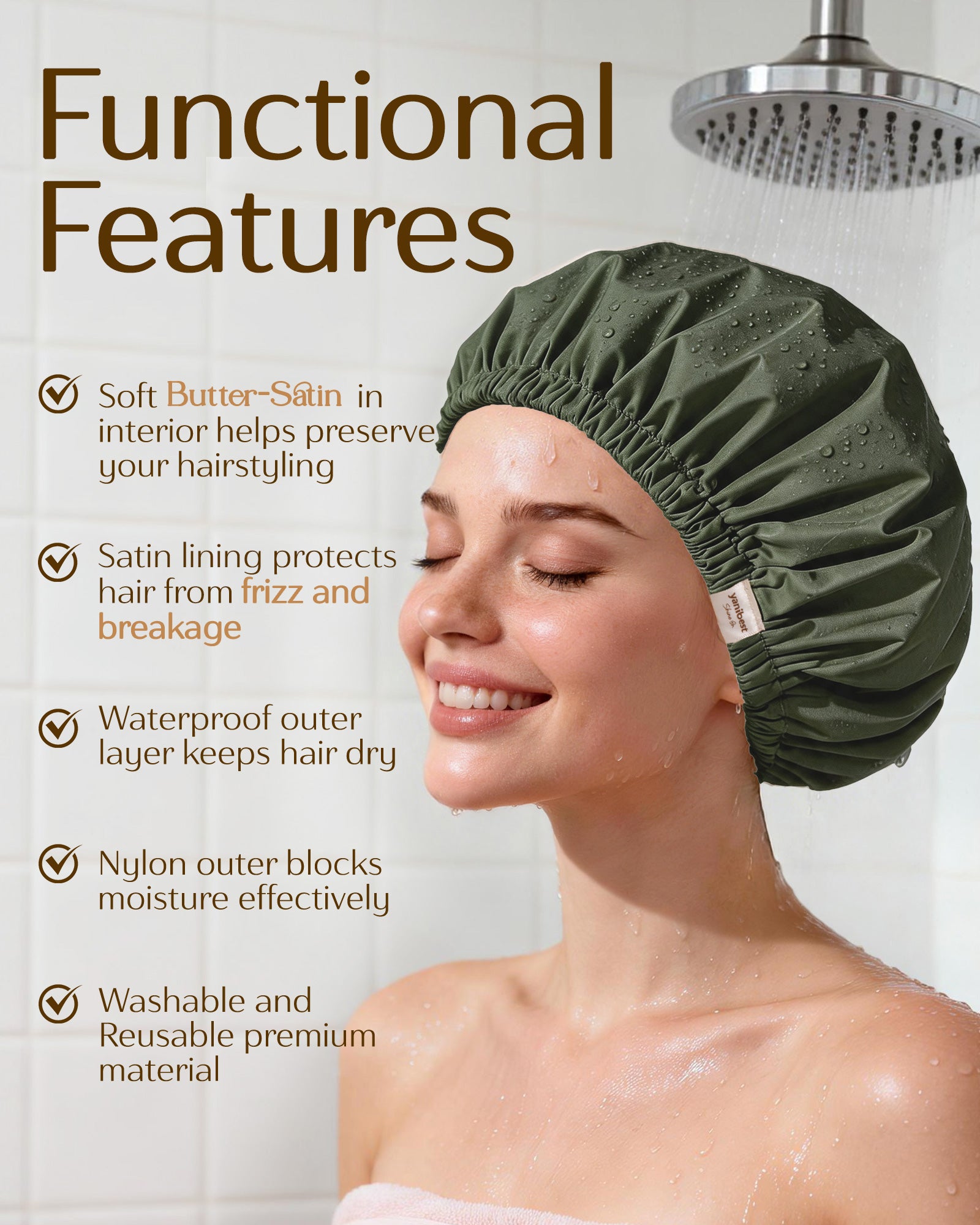 Butter Satin Lined Waterproof Shower Cap - Dark Green