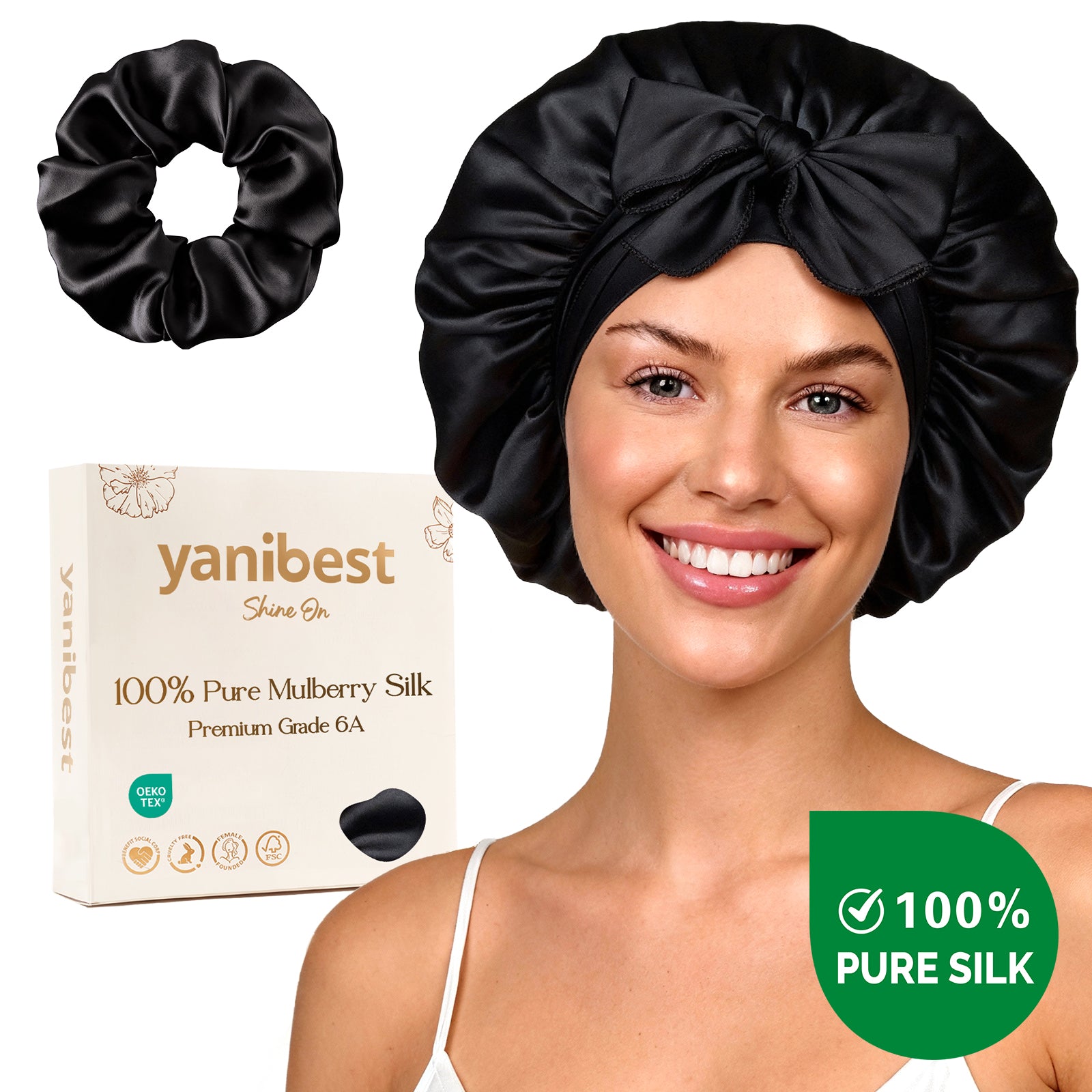 Hisheen Silk 6A Mulberry Silk Bonnet with Tie Band - Black