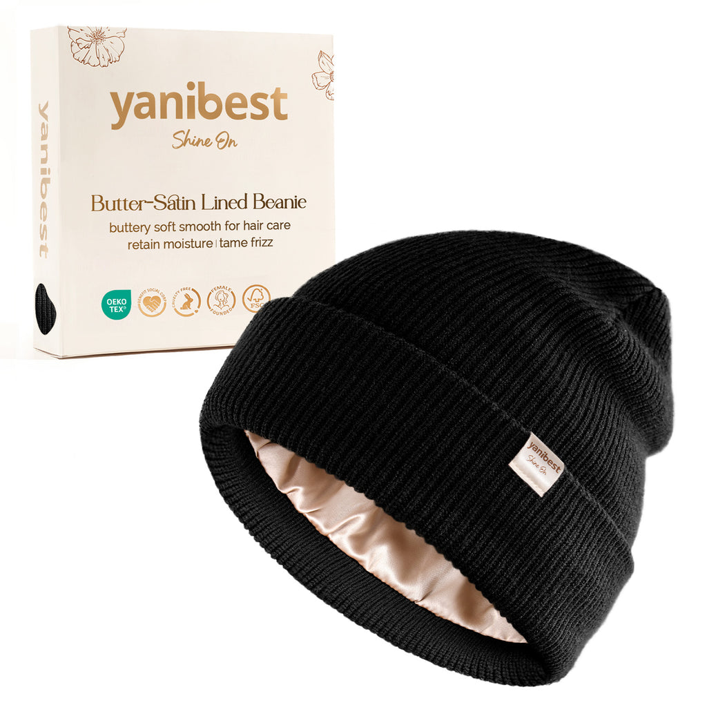YANIBEST Black Knit Beanie with Butter Satin Lining for Hair Care, prevents frizz and retains moisture, stylish slouchy skull cap with premium packaging