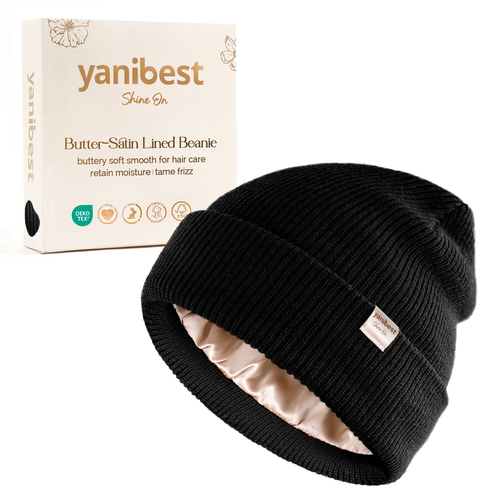 YANIBEST Black Knit Beanie with Butter Satin Lining for Hair Care, prevents frizz and retains moisture, stylish slouchy skull cap with premium packaging