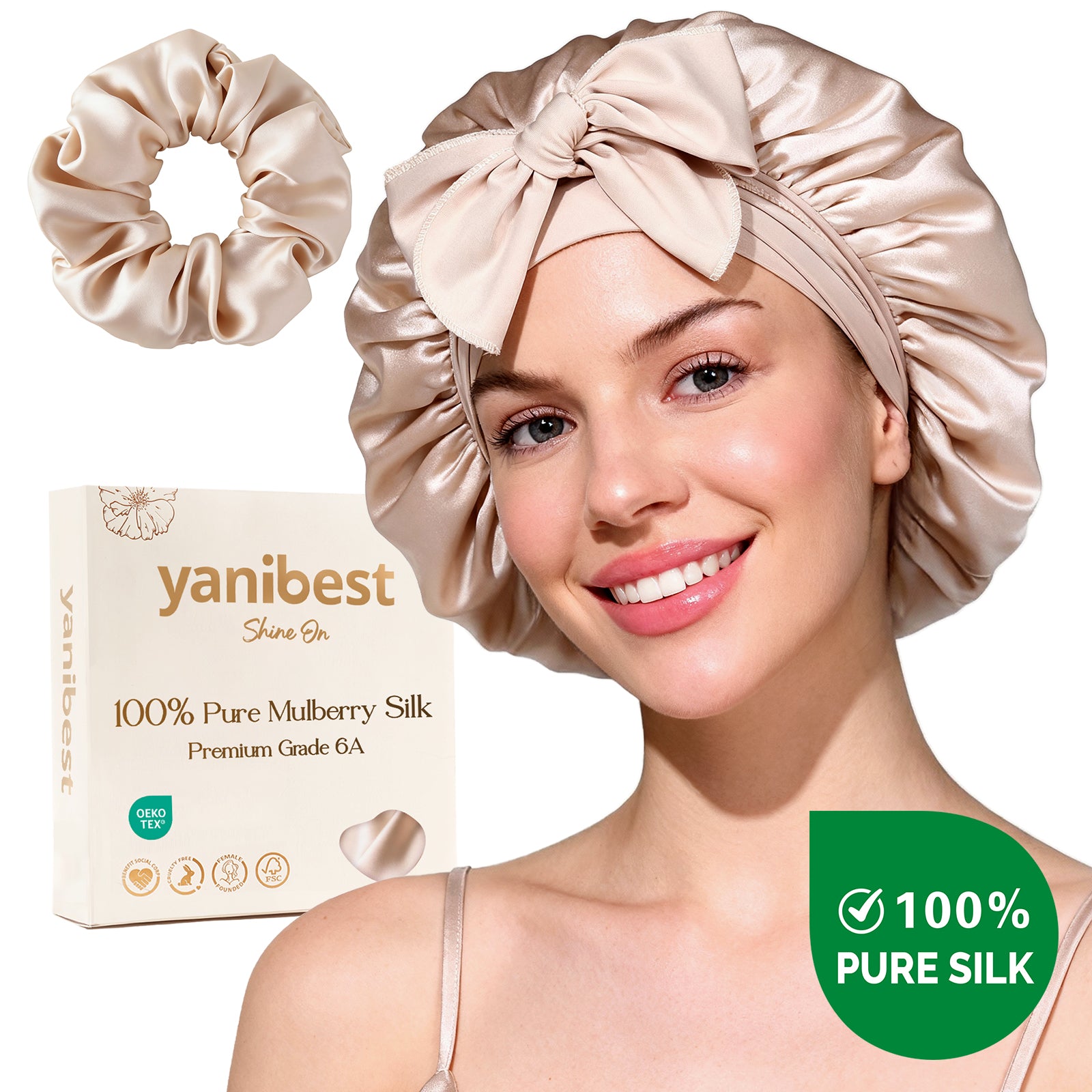 Hisheen Silk A Mulberry Silk Bonnet with Tie Band - Champagne