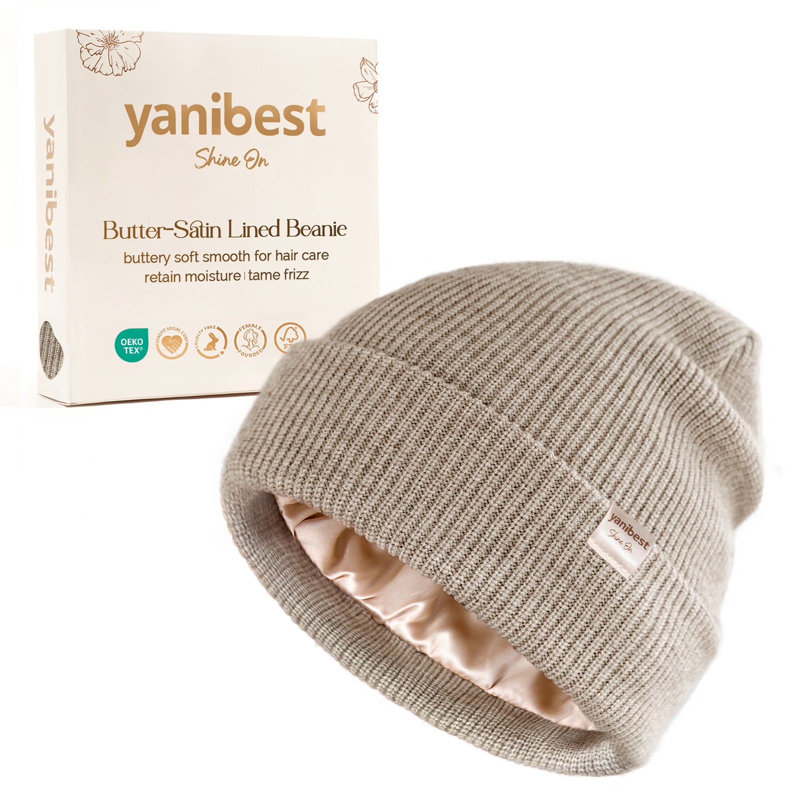 YANIBEST Khaki Knit Beanie with Butter-Satin Lining for Hair Care, prevents frizz and retains moisture, stylish slouchy skull cap with premium packaging