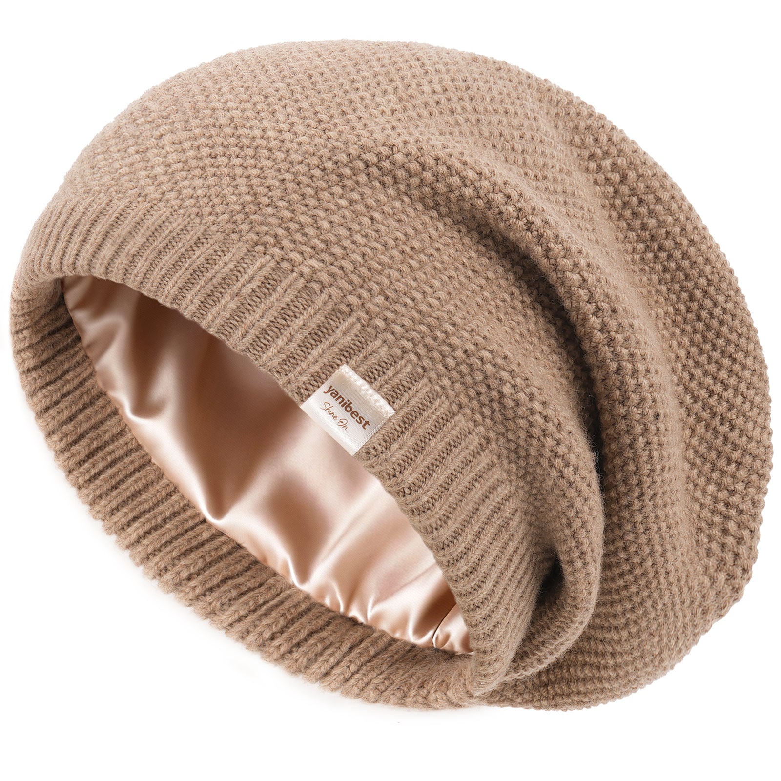 YANIBEST Beige Brown Knit Beanie with Butter Satin Lining for Hair Care, prevents frizz and retains moisture, stylish tan slouchy skull cap with premium packaging