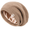 YANIBEST Beige Brown Knit Beanie with Butter Satin Lining for Hair Care, prevents frizz and retains moisture, stylish tan slouchy skull cap with premium packaging