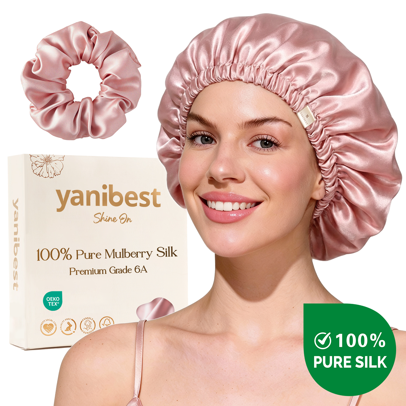 Hisheen Silk 6A Mulberry Silk Bonnet Adjustable Elastic - Pink