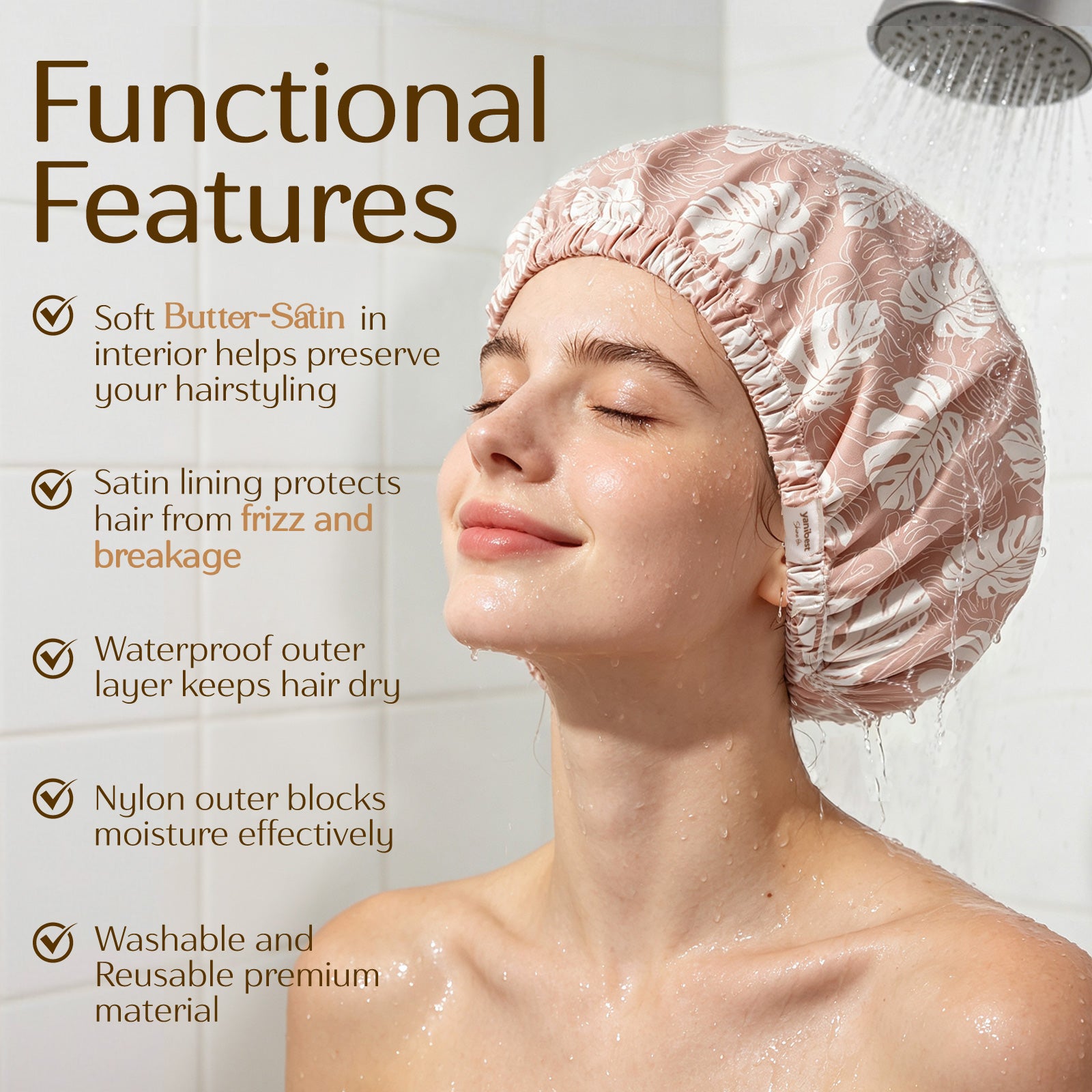 Butter Satin Lined Waterproof Shower Cap - Pink Leaves