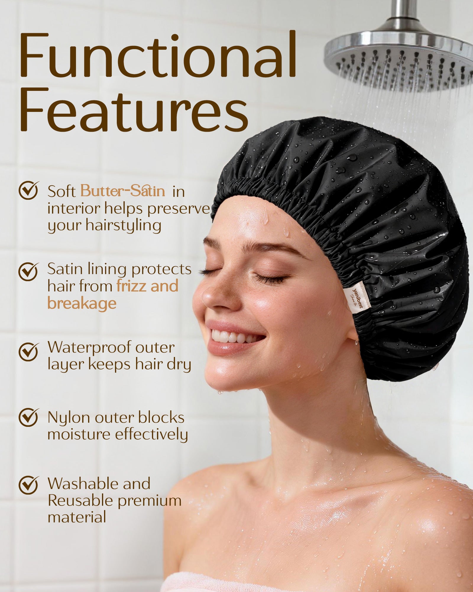 Butter Satin Lined Waterproof Shower Cap - Black