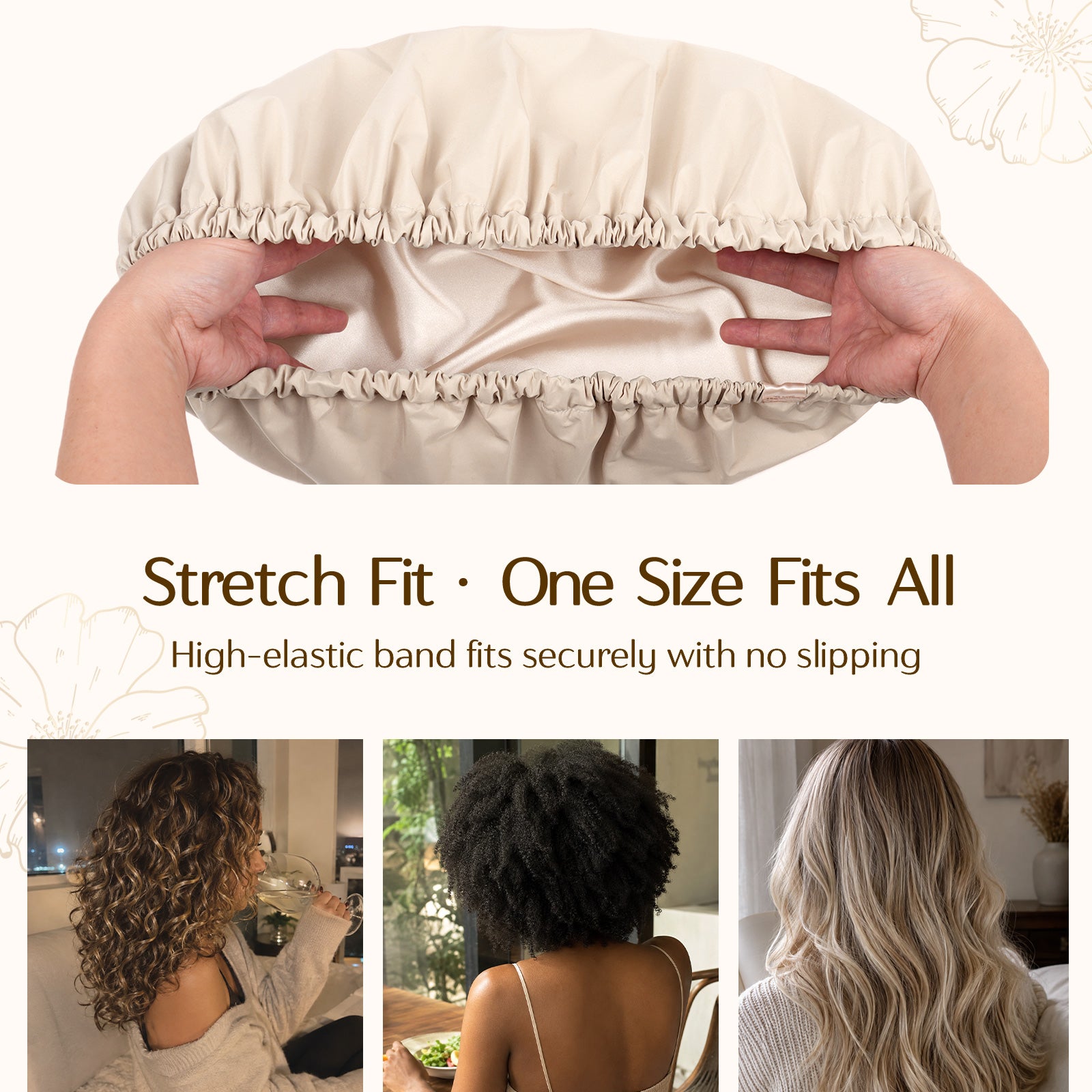 Butter Satin Lined Waterproof Shower Cap - Cream