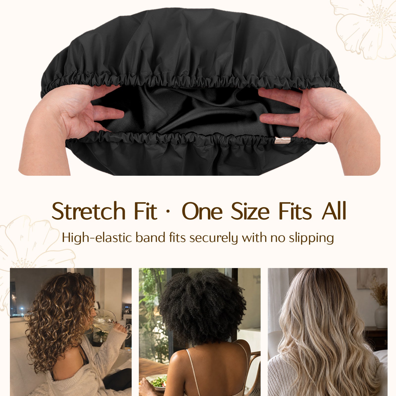 Butter Satin Lined Waterproof Shower Cap - Black