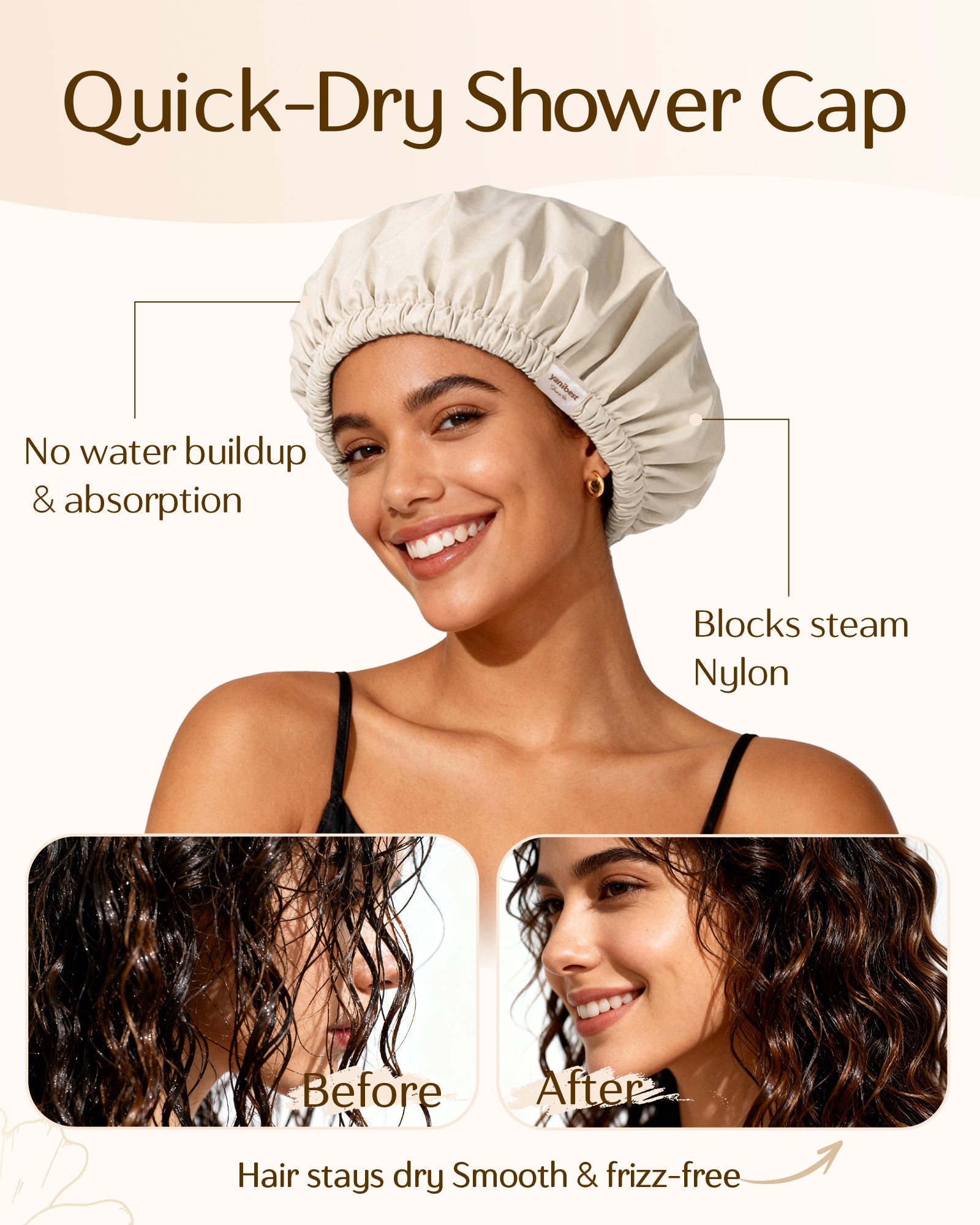 Butter Satin Lined Waterproof Shower Cap - Cream