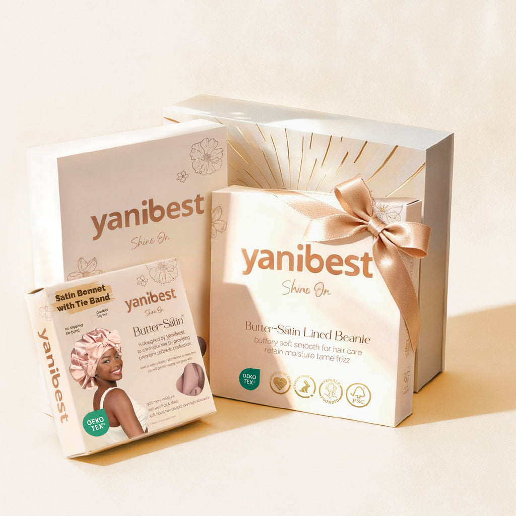 YANIBEST Premium Hair Care Gift Set, includes Satin Bonnet with Tie Band and Butter-Satin Lined Beanie, Luxury White Gold-Stamped Packaging Box, Perfect Gift for Hair Protection