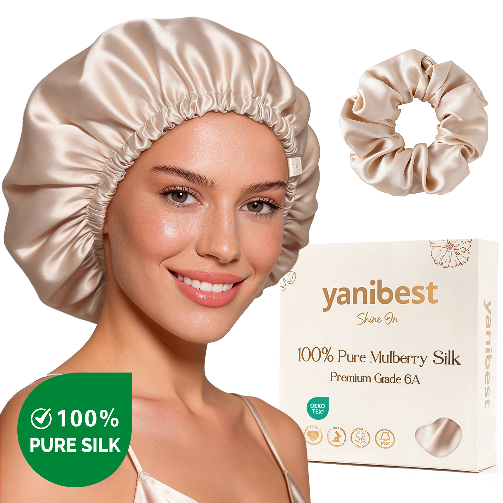 Hisheen Silk 6A Mulberry Silk Bonnet Adjustable Elastic - Champagne