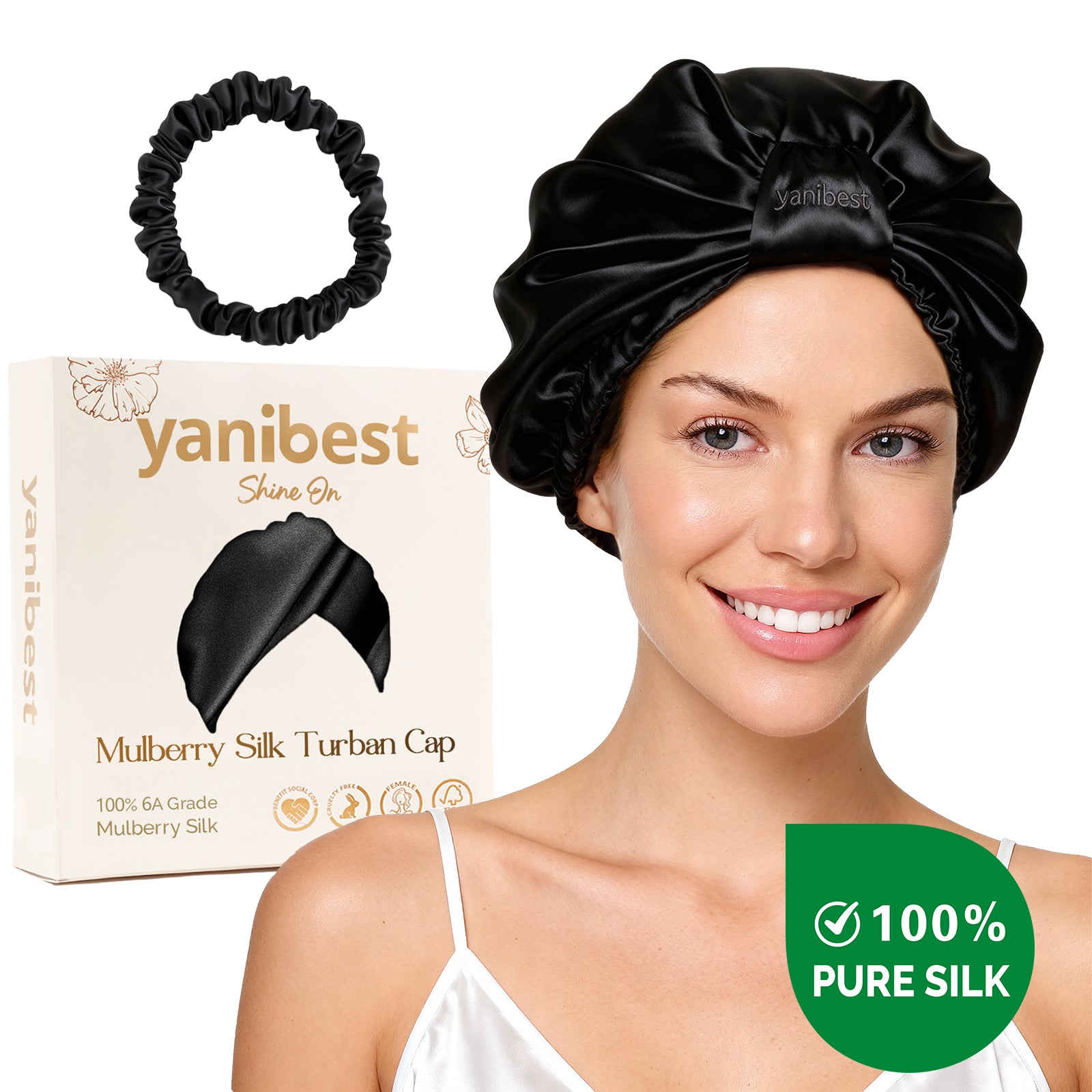 Hisheen Silk 6A Mulberry Silk Bonnet Classic Turban - Black