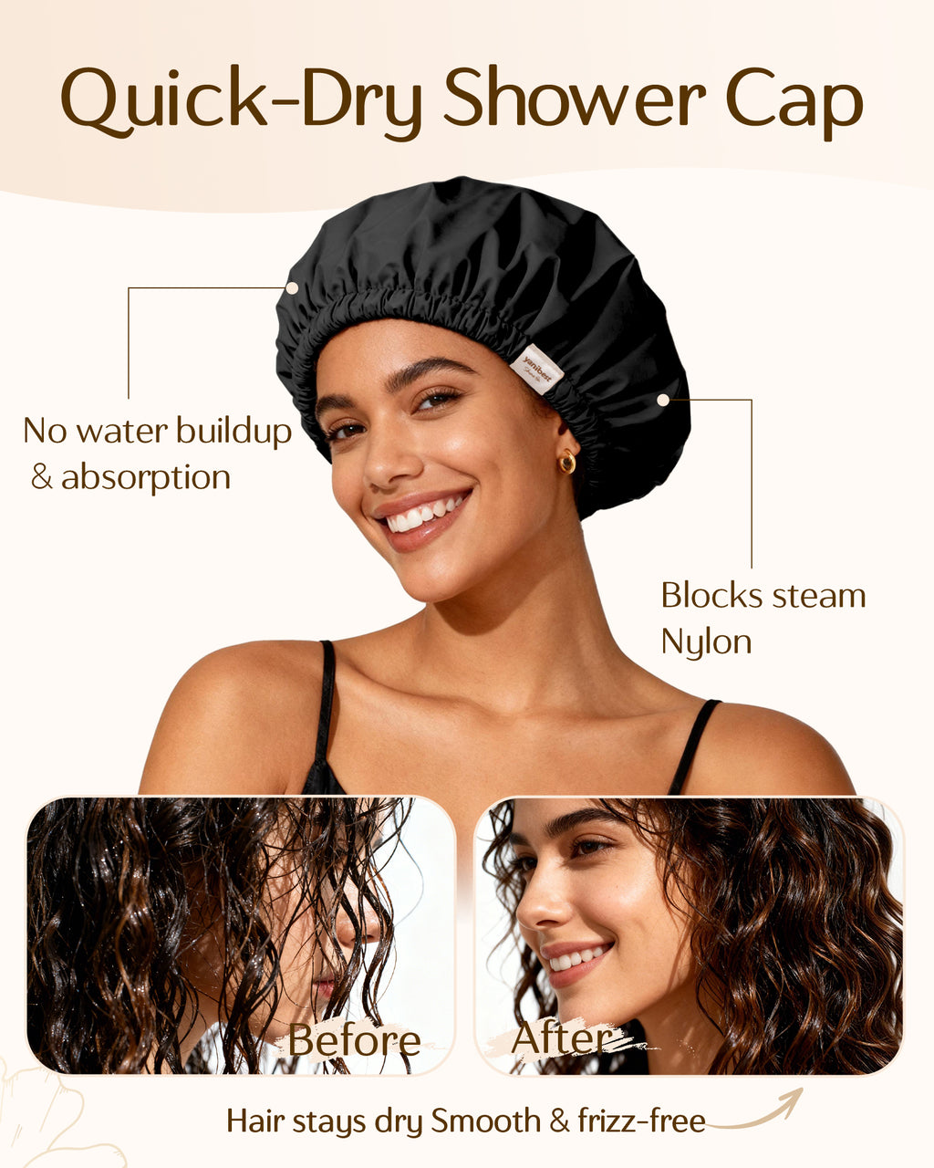 Butter Satin Lined Waterproof Shower Cap - Black