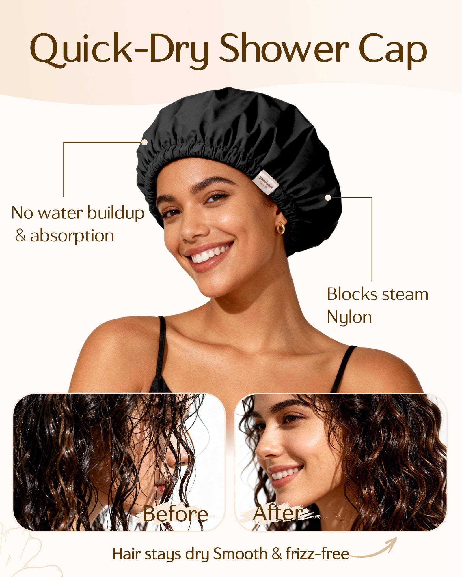 Butter Satin Lined Waterproof Shower Cap - Black