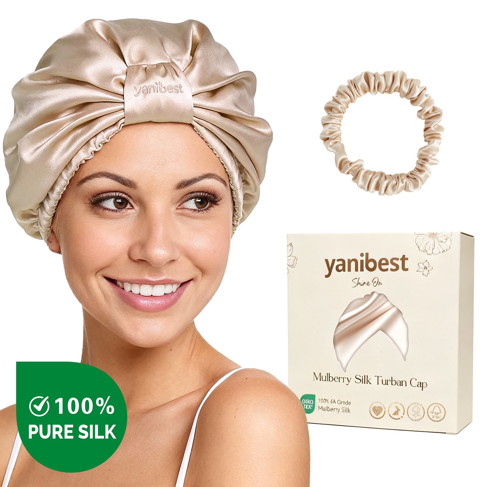 Hisheen Silk 6A Mulberry Silk Bonnet Classic Turban - Champagne