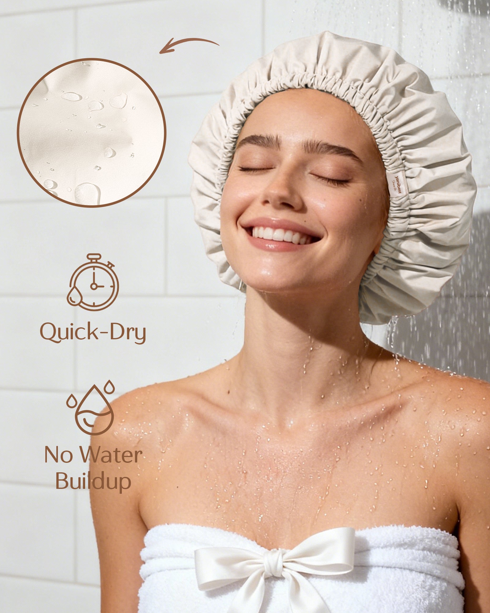 Butter Satin Lined Waterproof Shower Cap - Cream