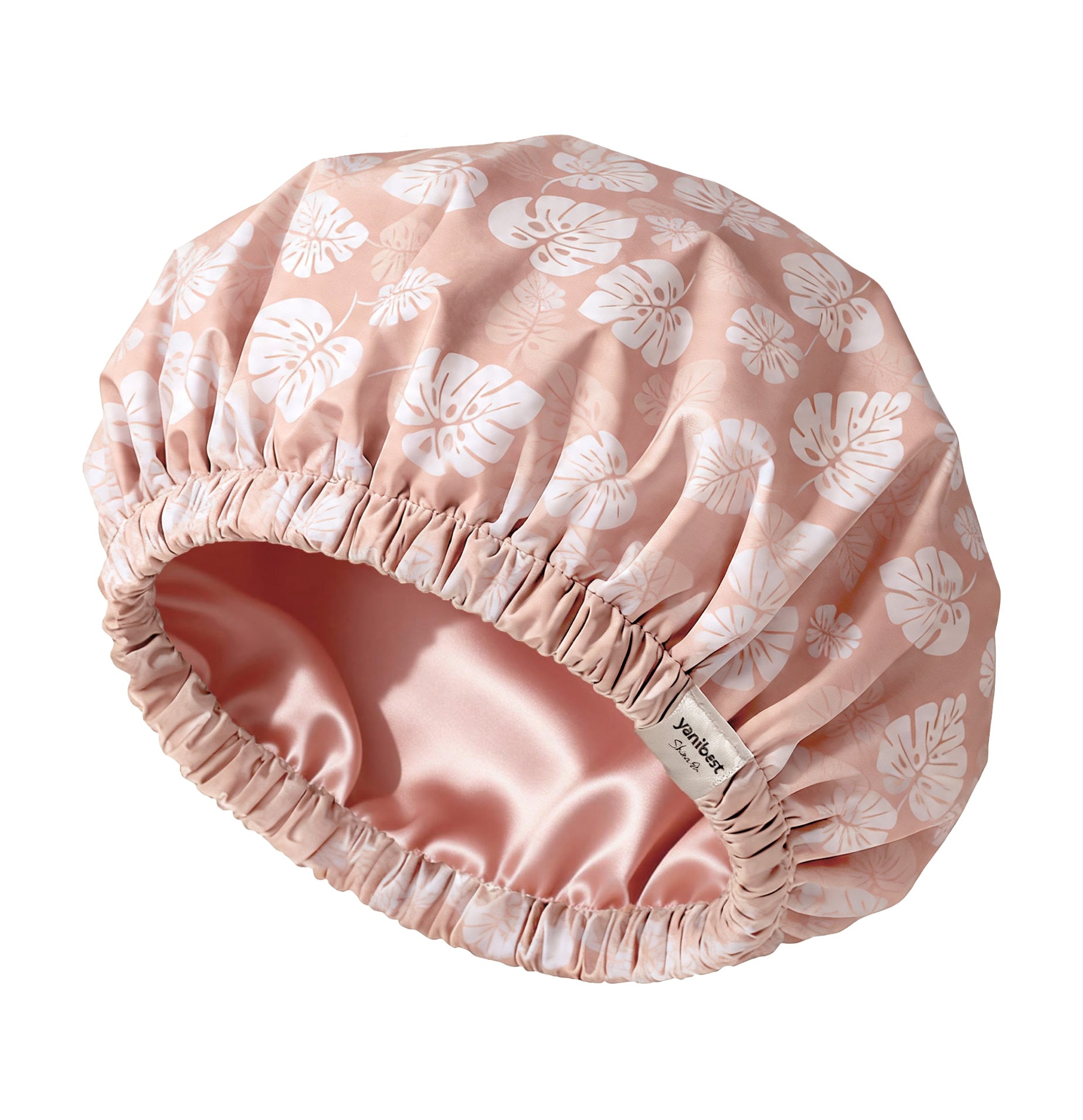 Butter Satin Lined Waterproof Shower Cap - Pink Leaves