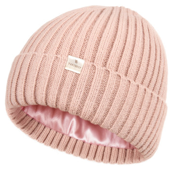 Butter Satin Lined Knit Skull Beanie - Pink