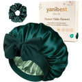 YANIBEST Green Double Layered Butter Satin Bonnet with Adjustable Tie Band and Large Bow, Matching Scrunchie Set, Secure Fit Sleep Cap for All Hair Types, Hair Protection Gift Box