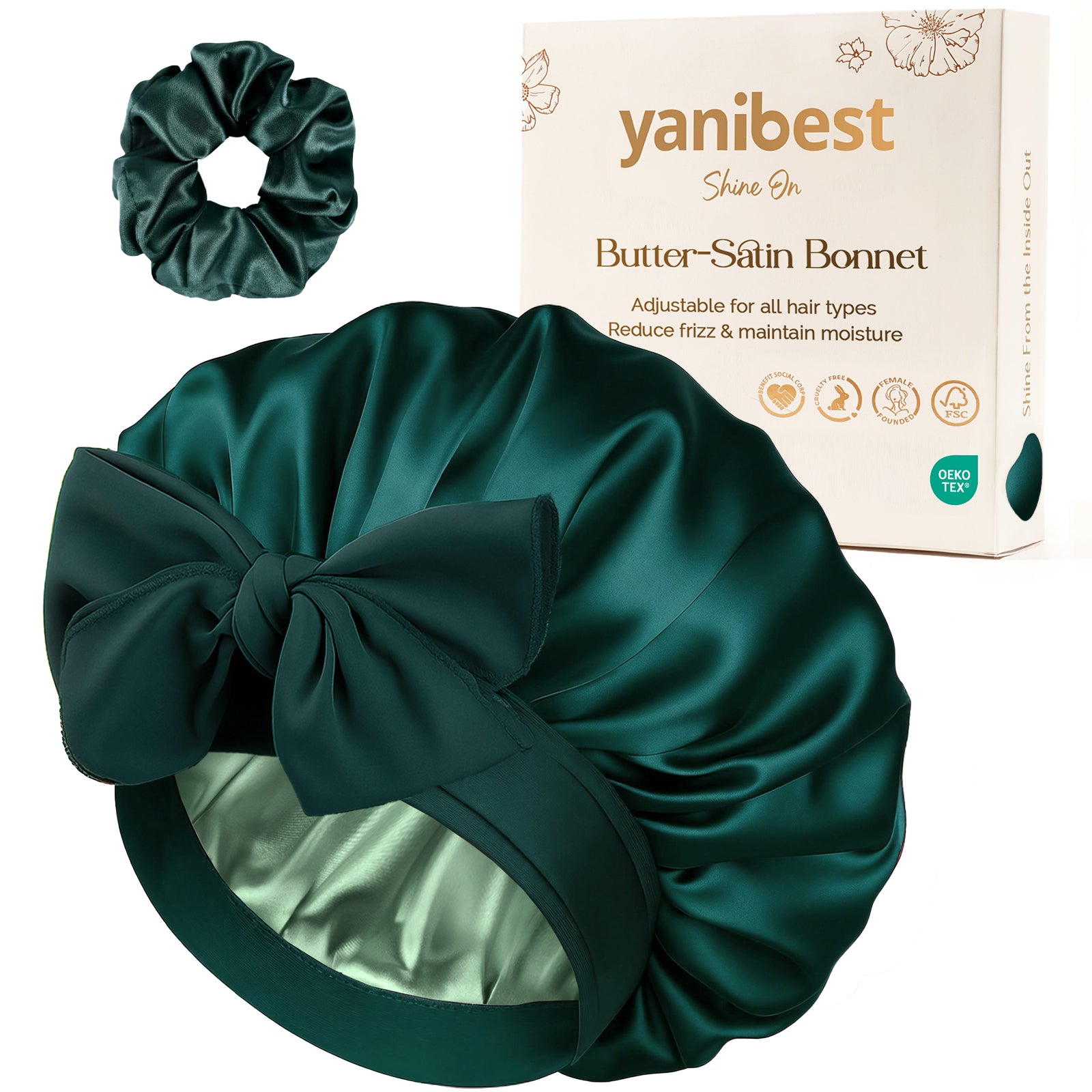 YANIBEST Green Double Layered Butter Satin Bonnet with Adjustable Tie Band and Large Bow, Matching Scrunchie Set, Secure Fit Sleep Cap for All Hair Types, Hair Protection Gift Box