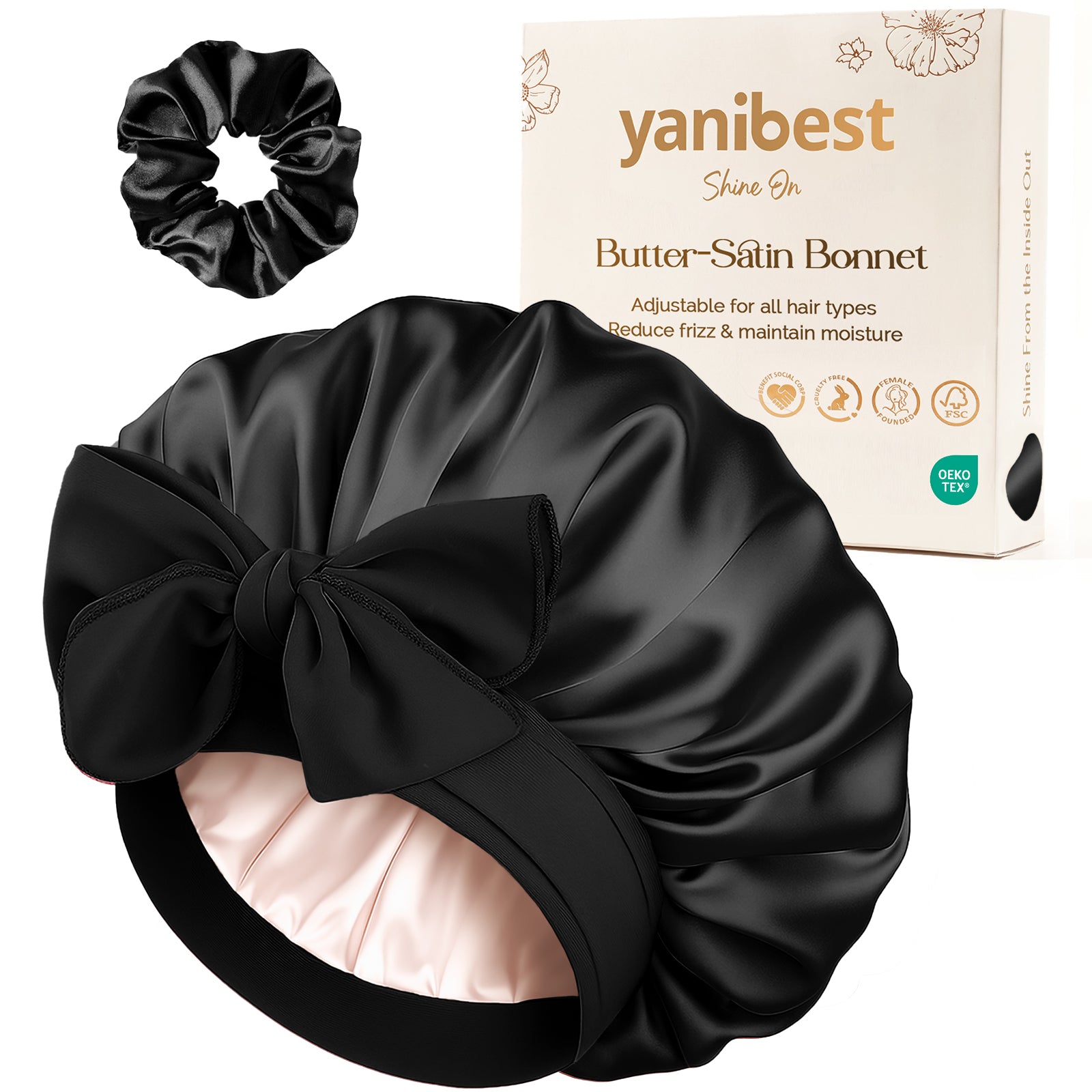 Silk Butter Satin Bonnet with Tie Band - Dual Black