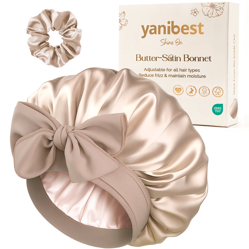 YANIBEST Champaign Double Layered Butter Satin Bonnet with Adjustable Tie Band and Large Bow, Matching Scrunchie Set, Secure Fit Sleep Cap for All Hair Types, Hair Protection Gift Box