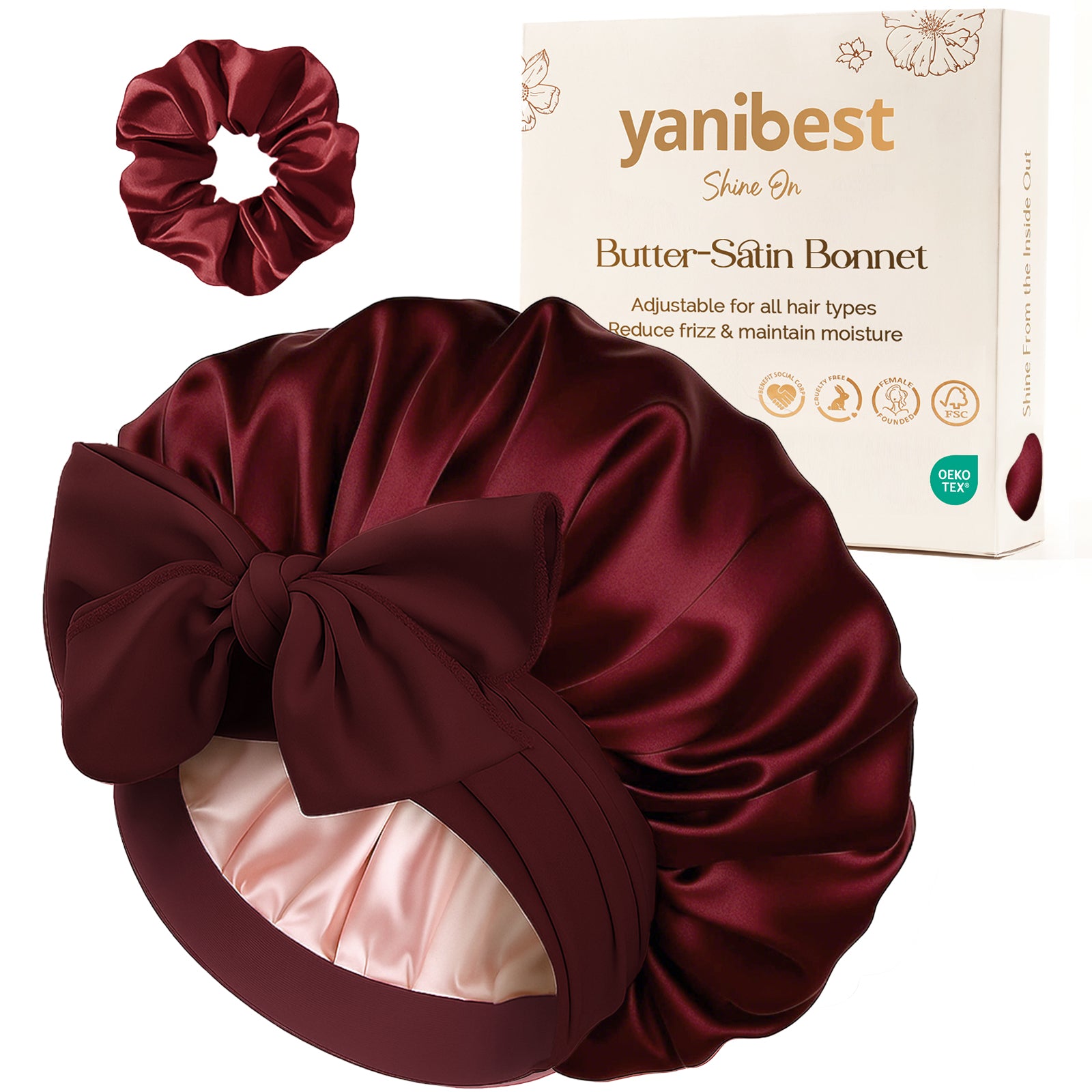 Silk Butter Satin Bonnet with Tie Band - Dual Burgundy