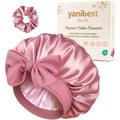 YANIBEST Rose Pink Double Layered Butter Satin Bonnet with Adjustable Tie Band and Large Bow, Matching Scrunchie Set, Secure Fit Sleep Cap for All Hair Types, Hair Protection Gift Box