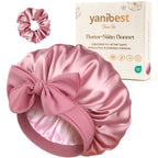 YANIBEST Rose Pink Double Layered Butter Satin Bonnet with Adjustable Tie Band and Large Bow, Matching Scrunchie Set, Secure Fit Sleep Cap for All Hair Types, Hair Protection Gift Box