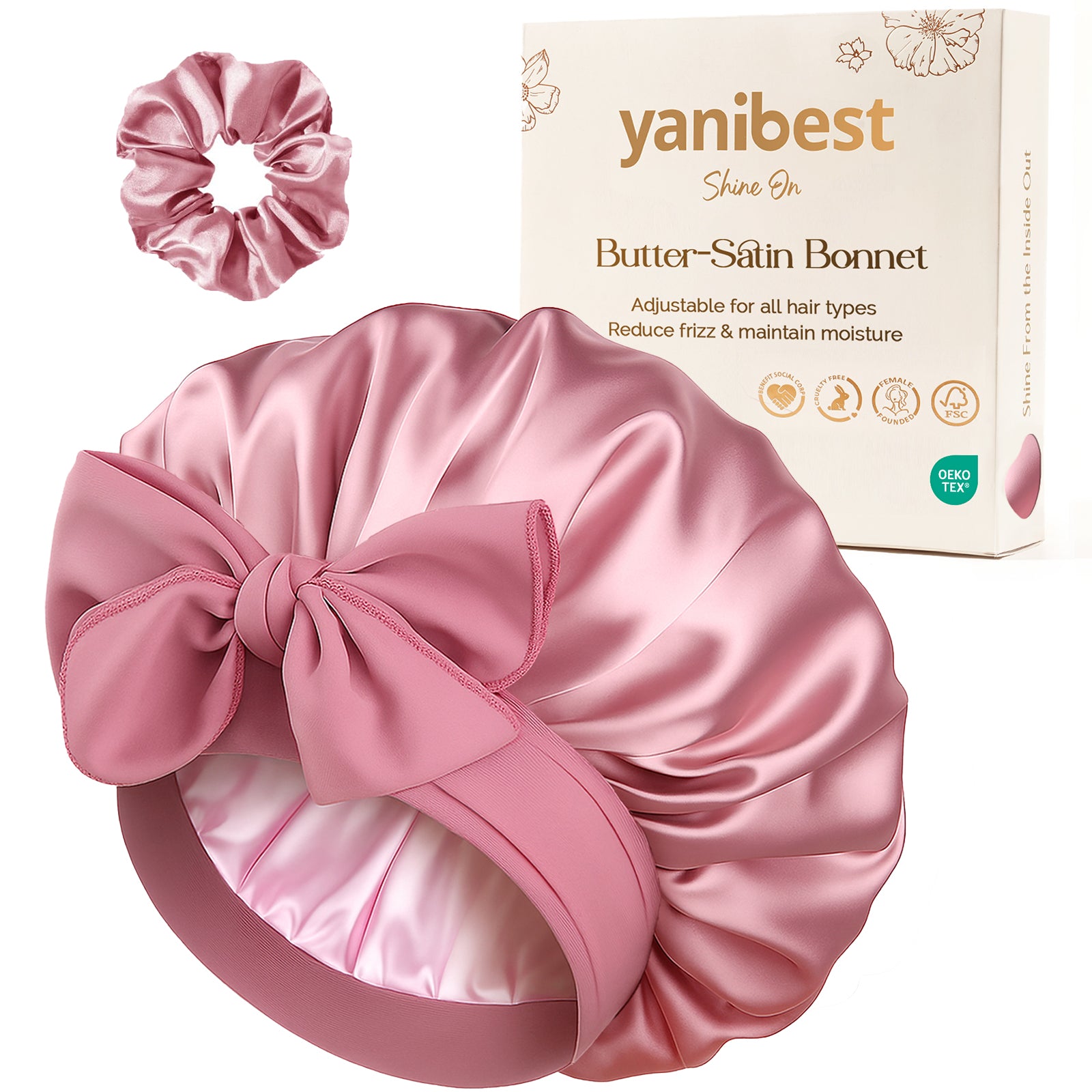 YANIBEST Rose Pink Double Layered Butter Satin Bonnet with Adjustable Tie Band and Large Bow, Matching Scrunchie Set, Secure Fit Sleep Cap for All Hair Types, Hair Protection Gift Box