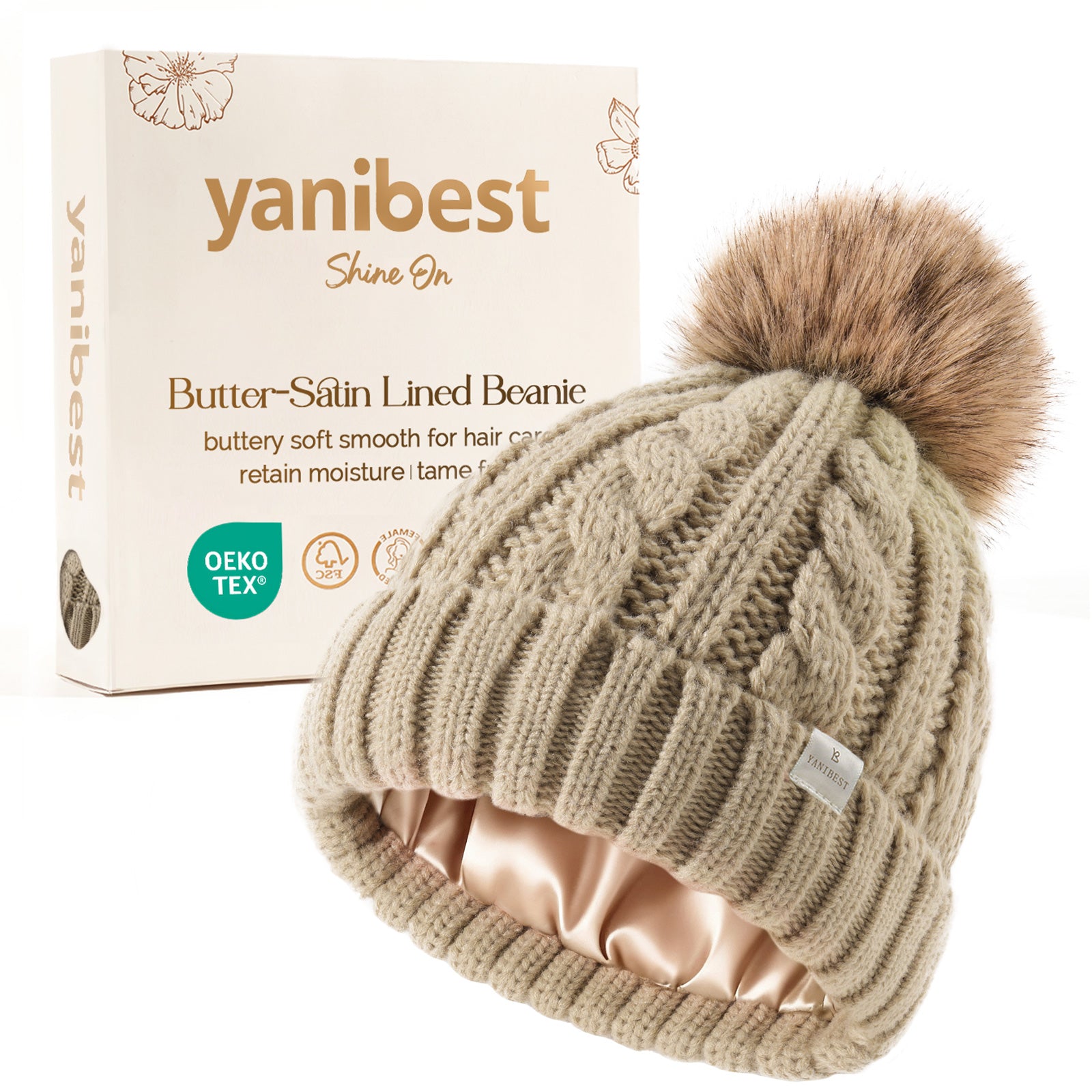 Butter Satin Lined Pom Winter Beanie - Oat Gray