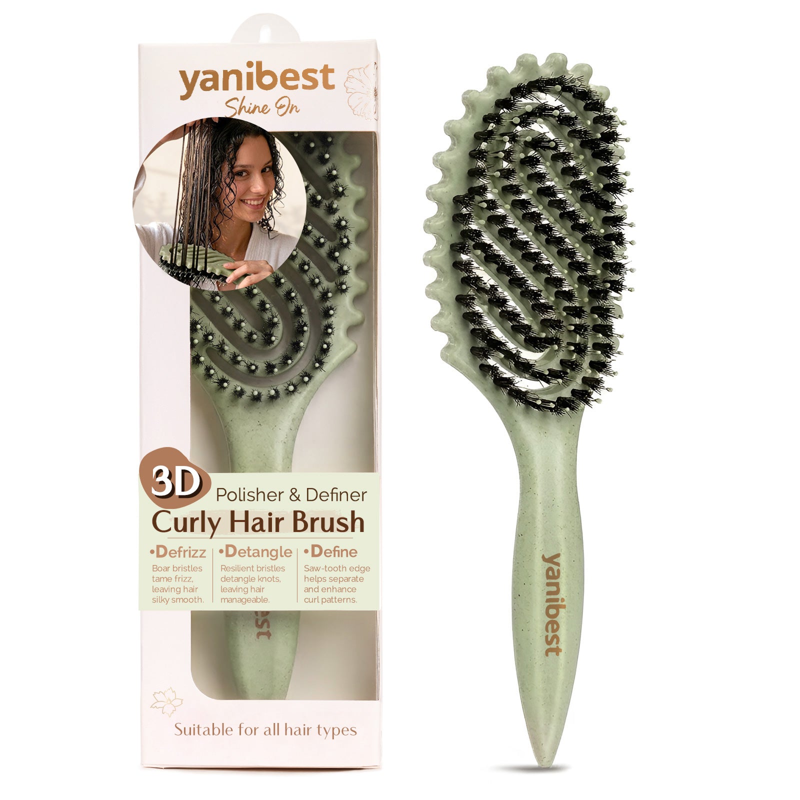 3D Styling Brush for Curly & Coily Hair | Detangle, Defrizz & Define - Green