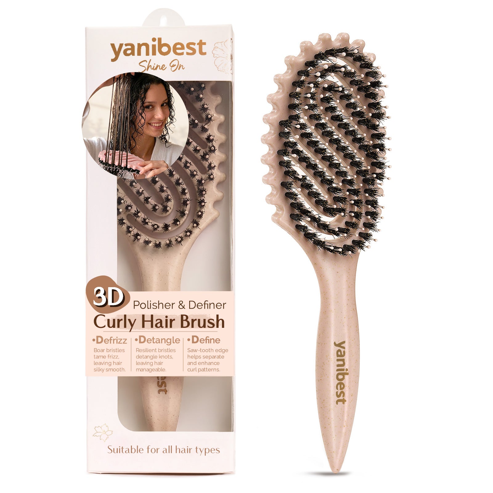 3D Styling Brush for Curly & Coily Hair | Detangle, Defrizz & Define - Beige