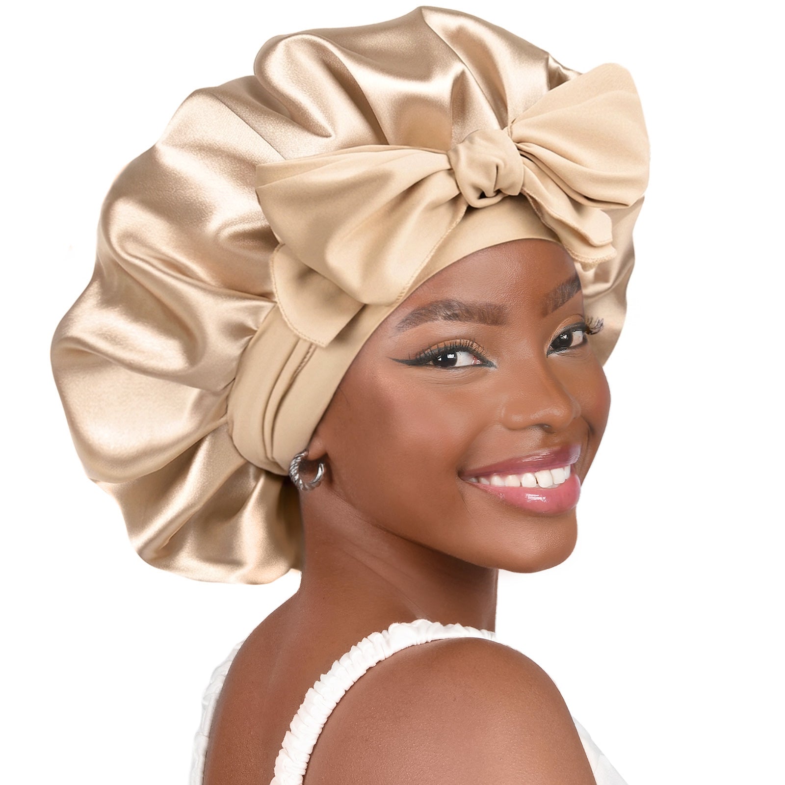 Silk Butter Satin Bonnet with Tie Band - Champagne Gold
