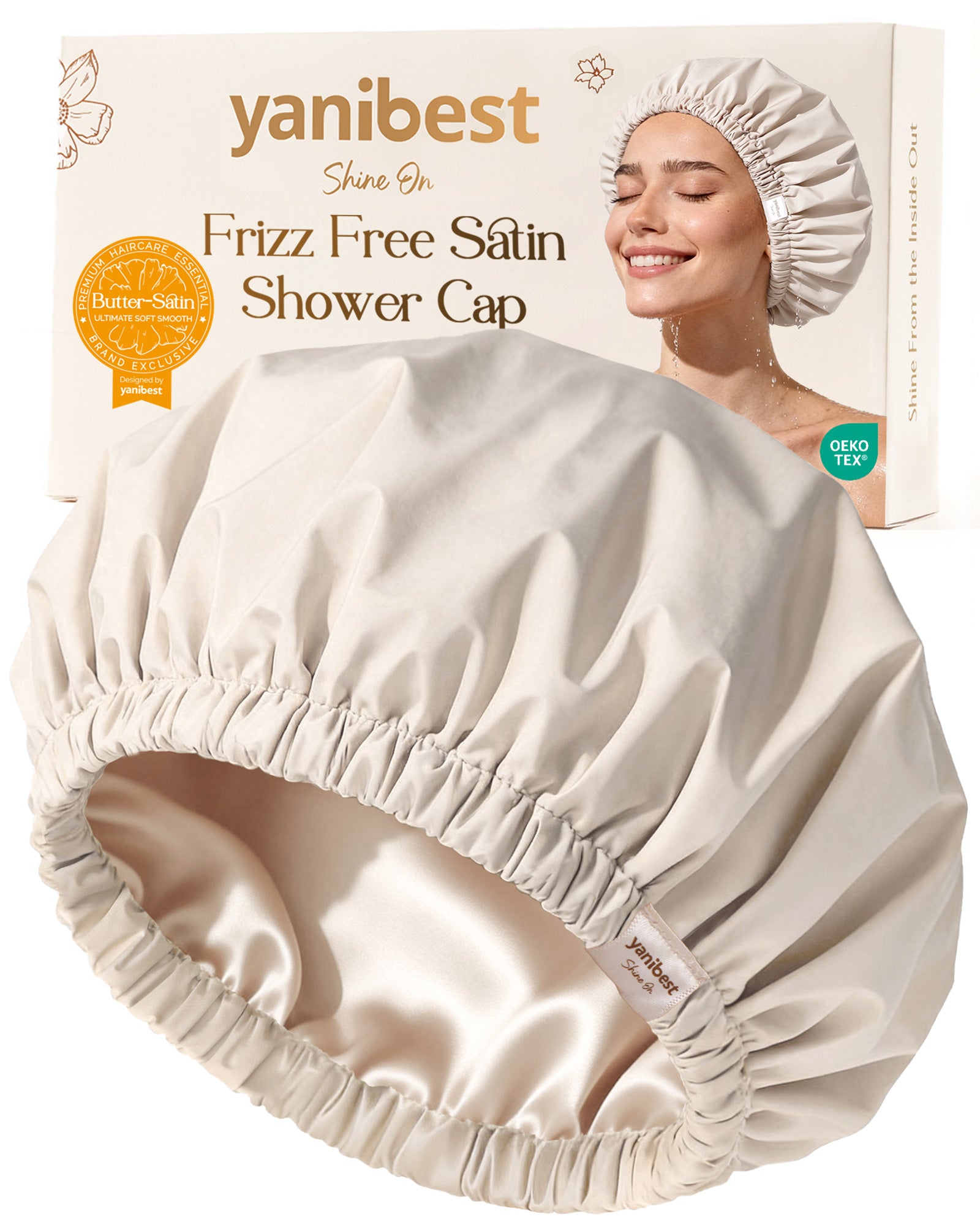 Butter Satin Lined Waterproof Shower Cap - Cream