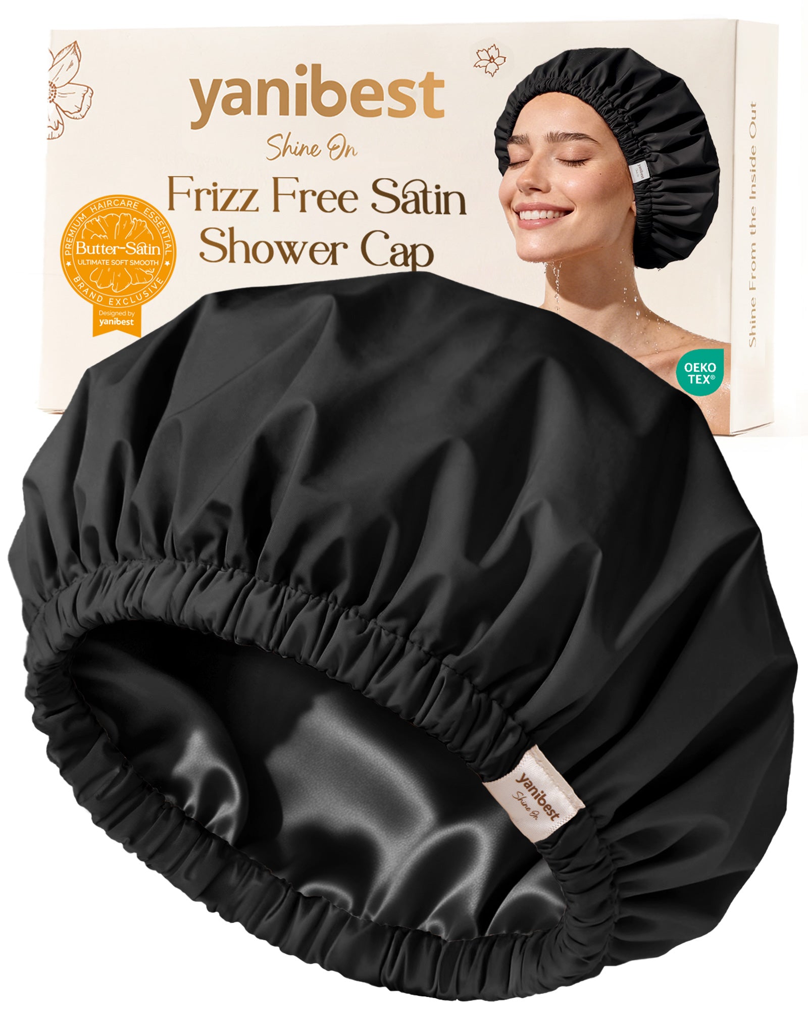 Butter Satin Lined Waterproof Shower Cap - Black
