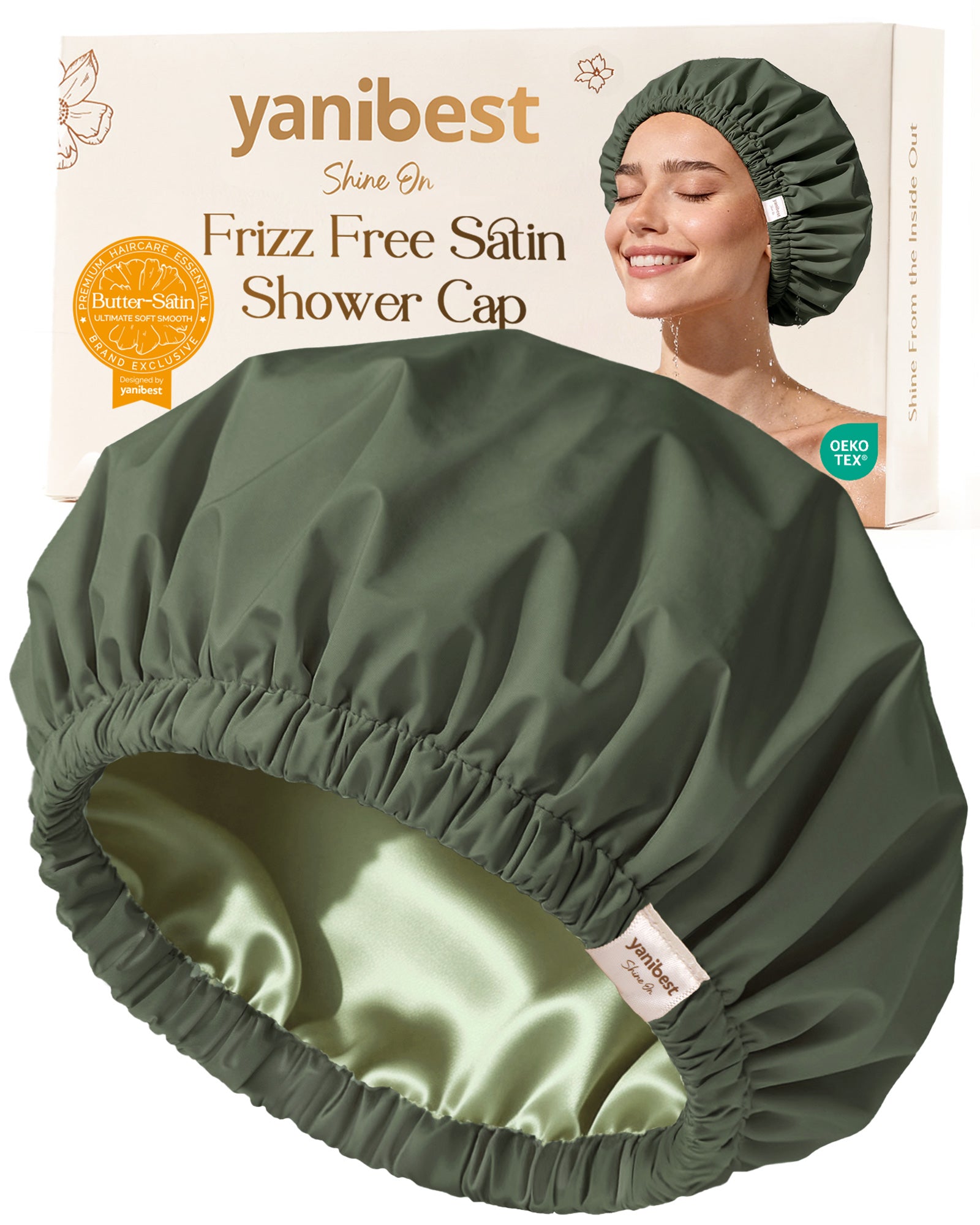 Butter Satin Lined Waterproof Shower Cap - Dark Green