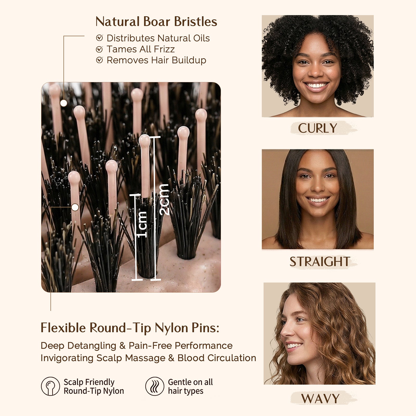 3D Styling Brush for Curly & Coily Hair | Detangle, Defrizz & Define - Beige
