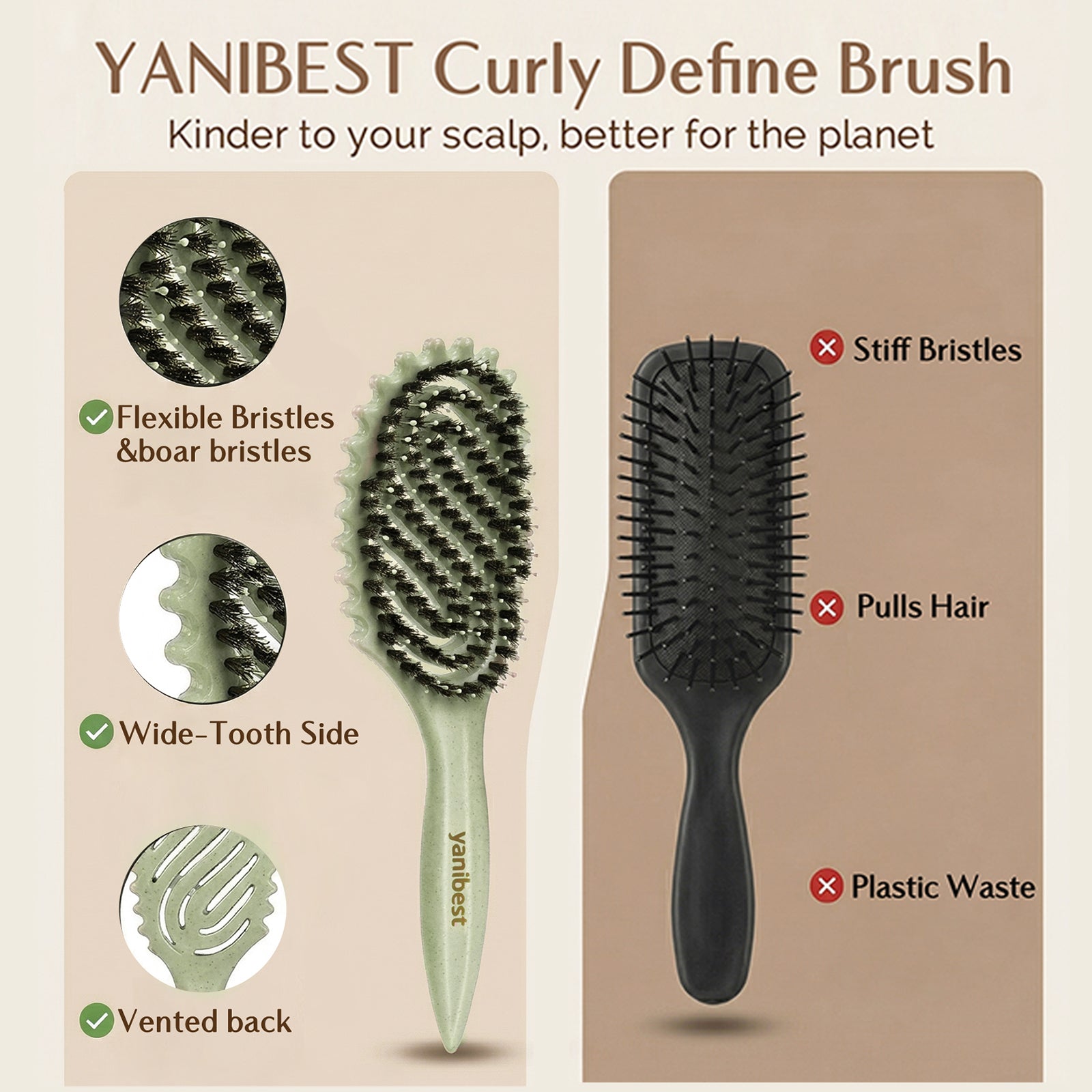 3D Styling Brush for Curly & Coily Hair | Detangle, Defrizz & Define - Green