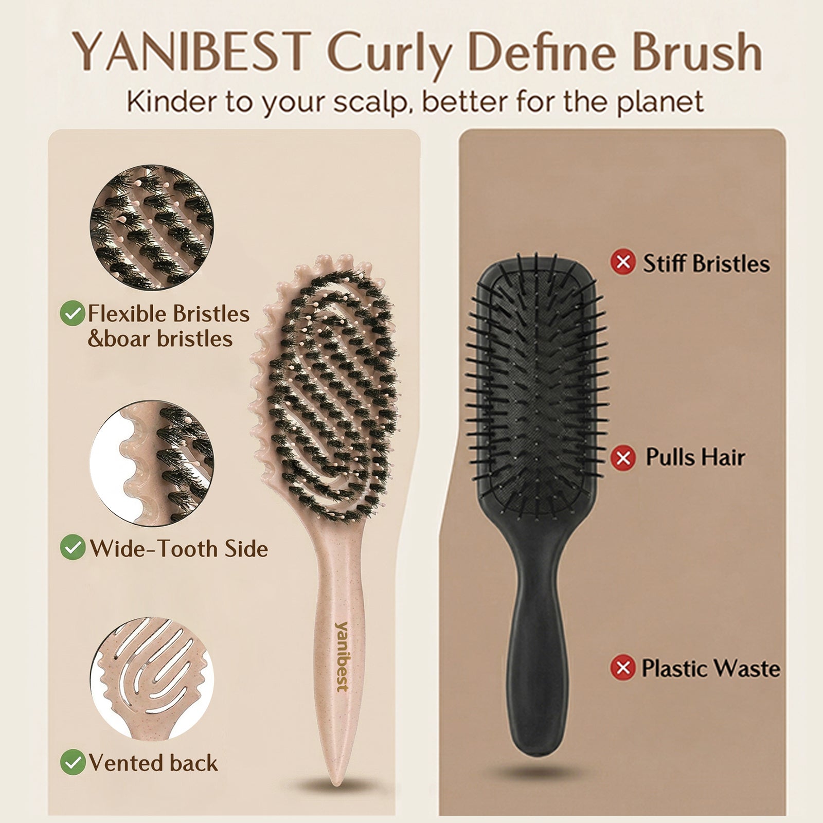 3D Styling Brush for Curly & Coily Hair | Detangle, Defrizz & Define - Beige
